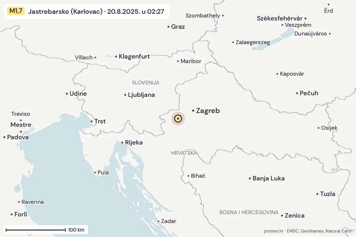 Karta: šire područje, 600 km, potres M1,7, Jastrebarsko (Karlovac), 20.8.2025.