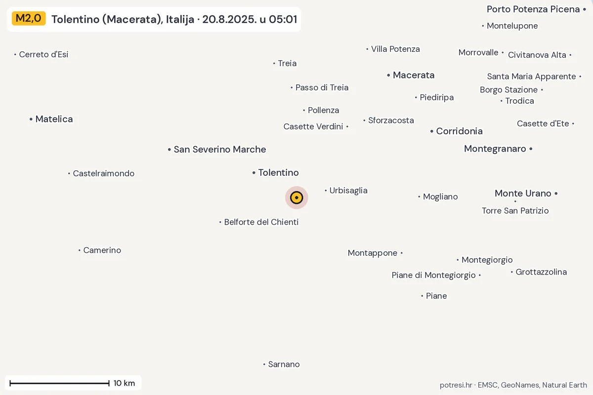 Karta: okolica epicentra, 60 km, potres M2,0, Tolentino (Macerata), Italija, 20.8.2025.