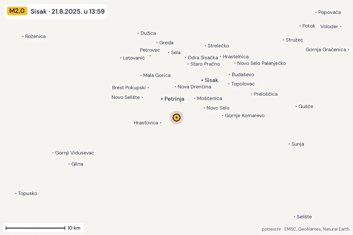 Karta: okolica epicentra, 60 km, potres M2,0, Sisak, 21.8.2025.