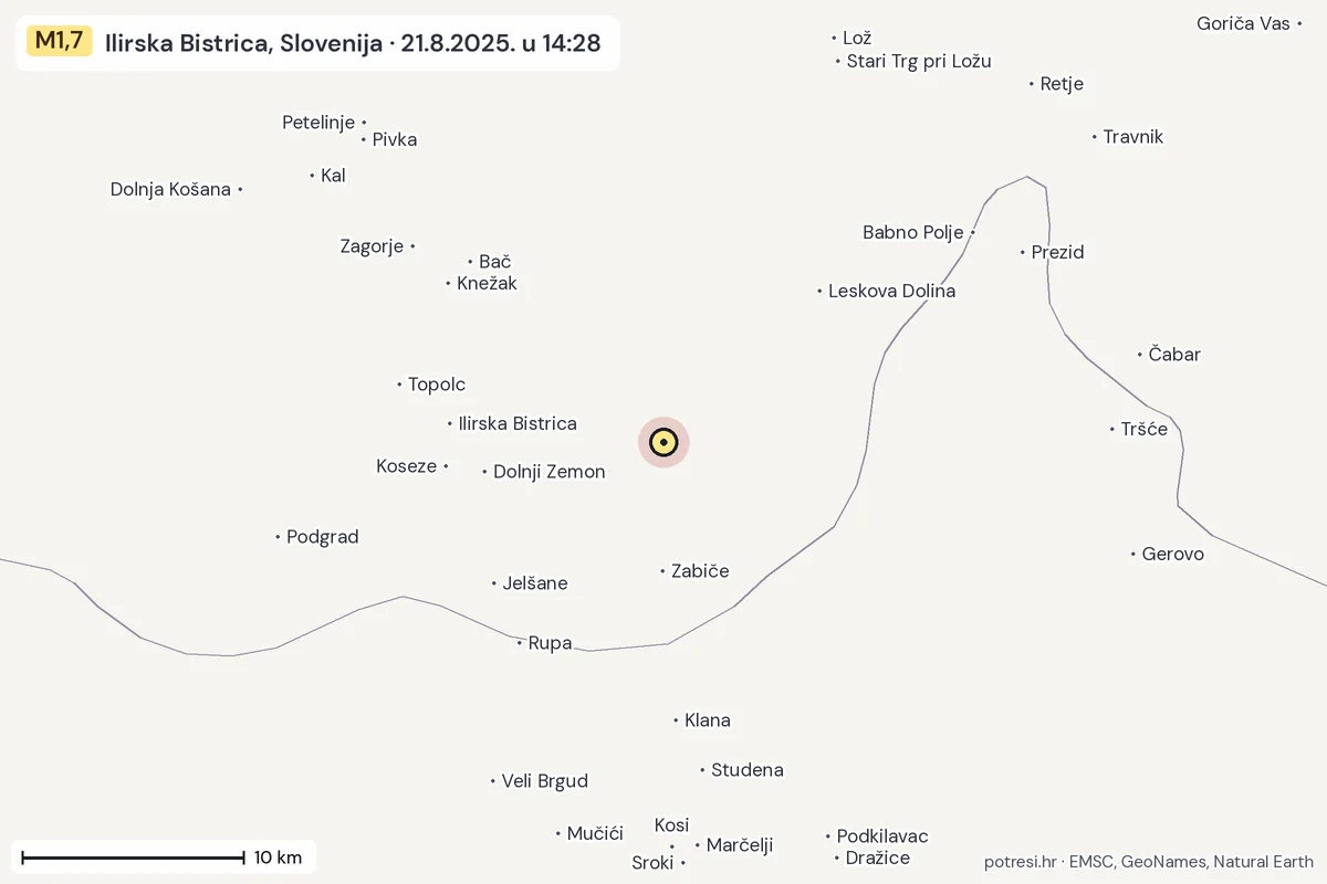 Karta: okolica epicentra, 60 km, potres M1,7, Ilirska Bistrica, Slovenija, 21.8.2025.