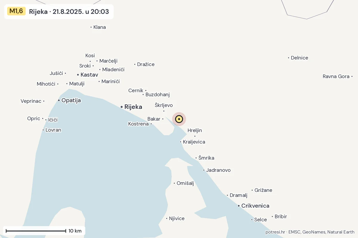 Karta: okolica epicentra, 60 km, potres M1,6, Rijeka, 21.8.2025.