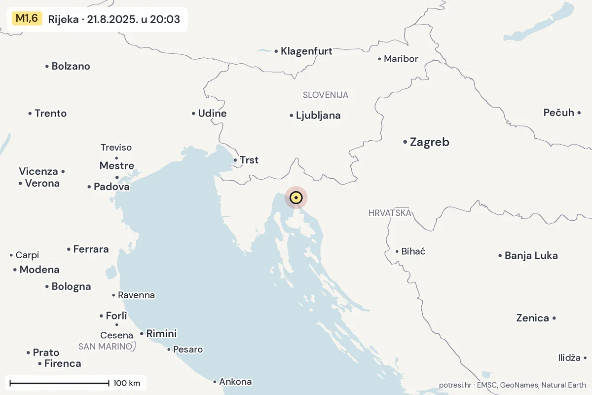 Karta: šire područje, 600 km, potres M1,6, Rijeka, 21.8.2025.