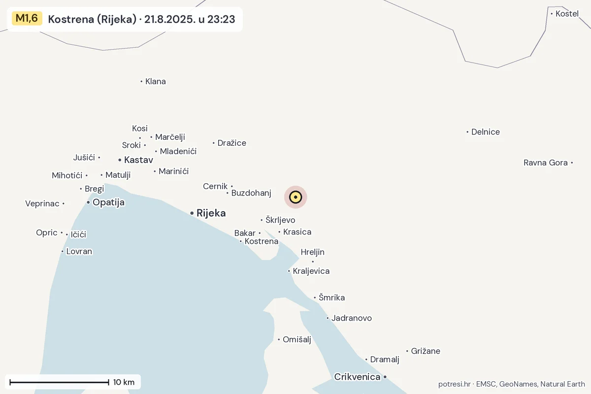 Karta: okolica epicentra, 60 km, potres M1,6, Kostrena (Rijeka), 21.8.2025.