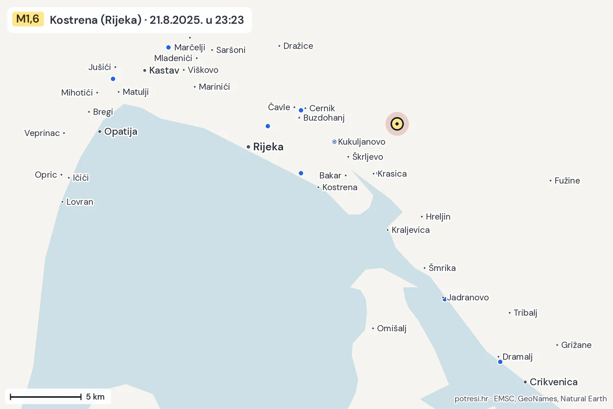 Karta: izvješća građana, potres M1,6, Kostrena (Rijeka), 21.8.2025.