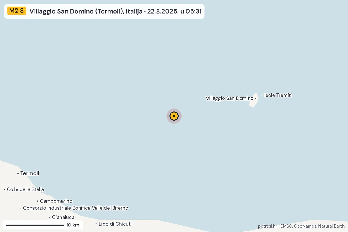 Karta: okolica epicentra, 60 km, potres M2,8, Villaggio San Domino (Termoli), Italija, 22.8.2025.