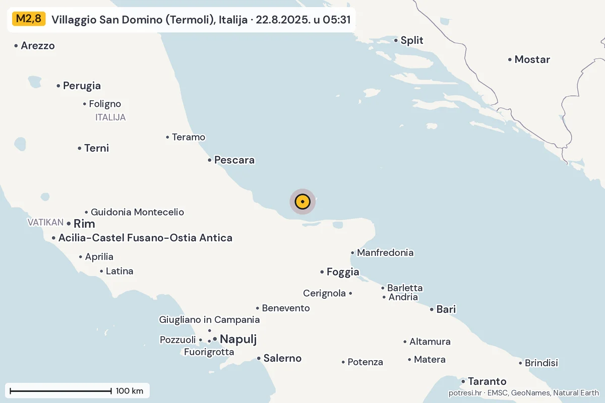 Karta: šire područje, 600 km, potres M2,8, Villaggio San Domino (Termoli), Italija, 22.8.2025.