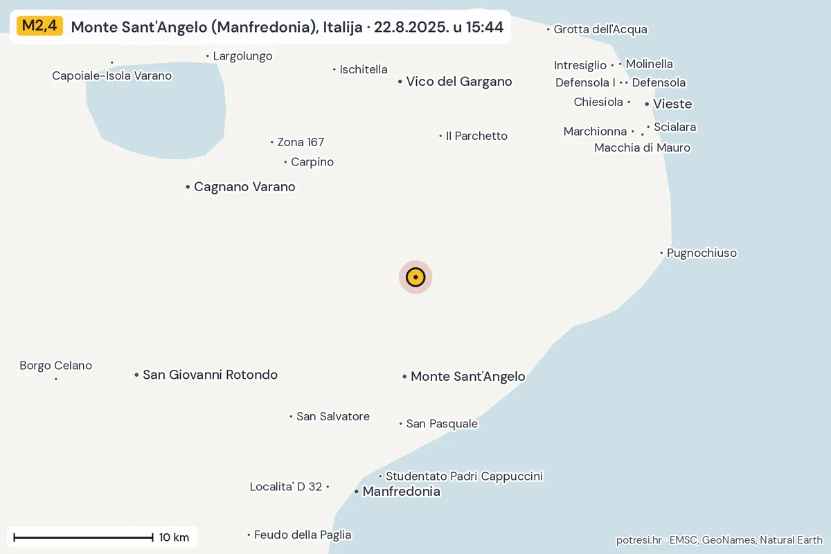 Karta: okolica epicentra, 60 km, potres M2,4, Monte Sant'Angelo (Manfredonia), Italija, 22.8.2025.