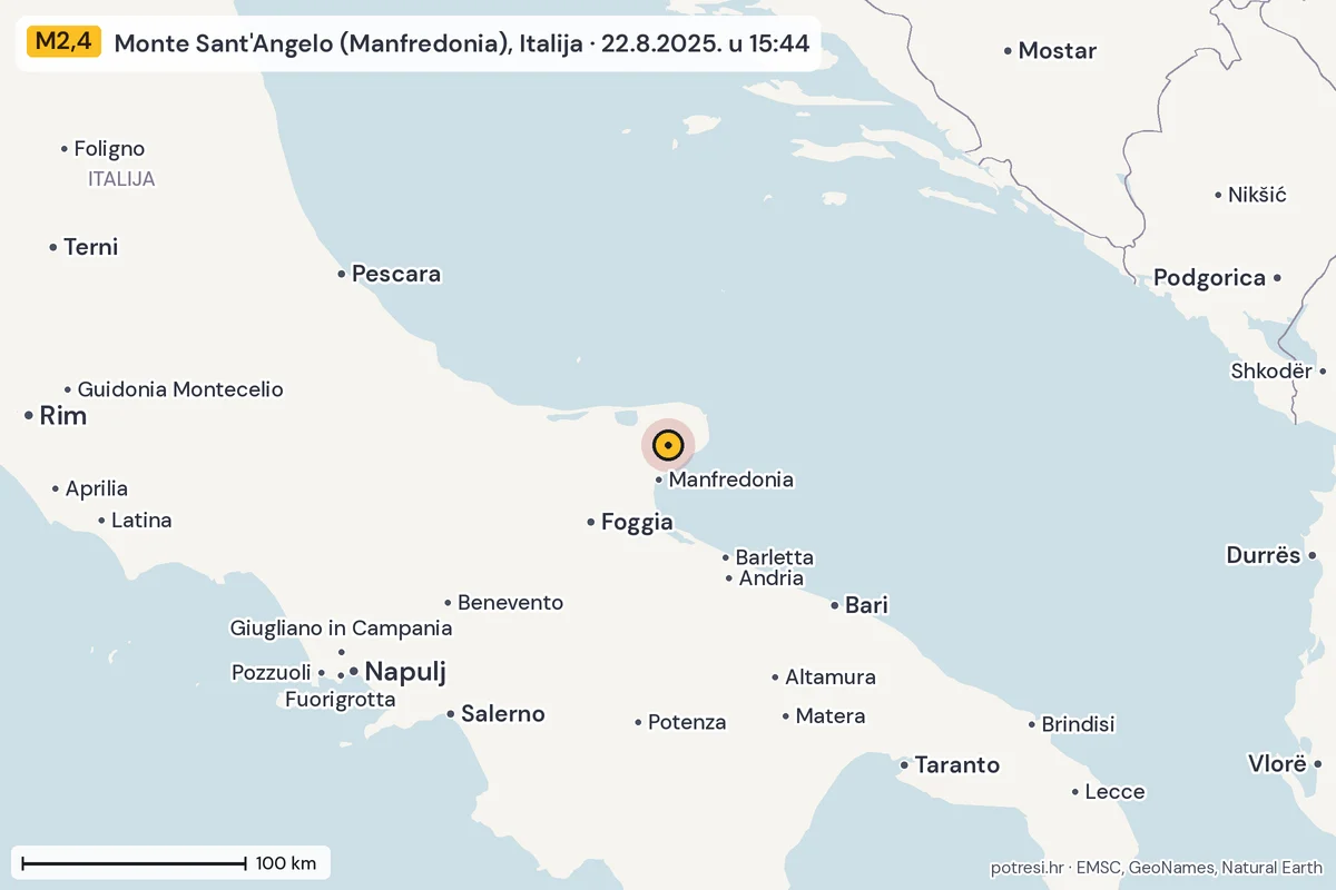 Karta: šire područje, 600 km, potres M2,4, Monte Sant'Angelo (Manfredonia), Italija, 22.8.2025.