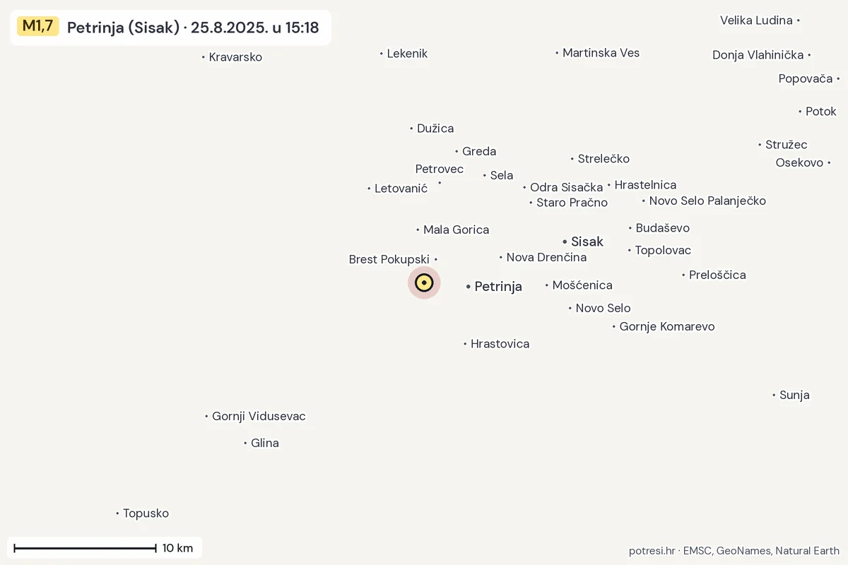 Karta: okolica epicentra, 60 km, potres M1,7, Petrinja (Sisak), 25.8.2025.