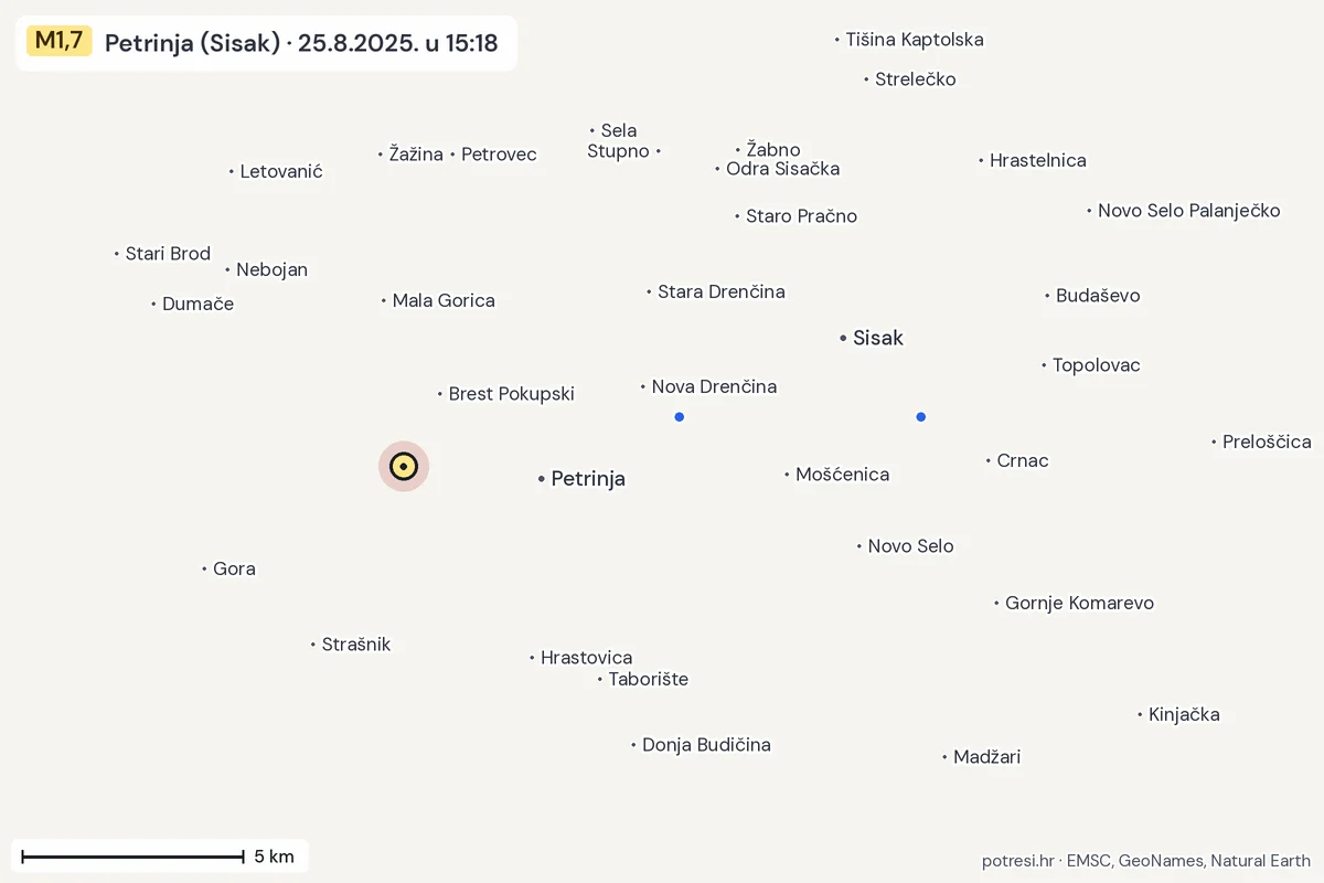 Karta: izvješća građana, potres M1,7, Petrinja (Sisak), 25.8.2025.