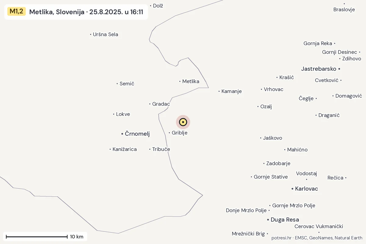 Karta: okolica epicentra, 60 km, potres M1,2, Metlika, Slovenija, 25.8.2025.