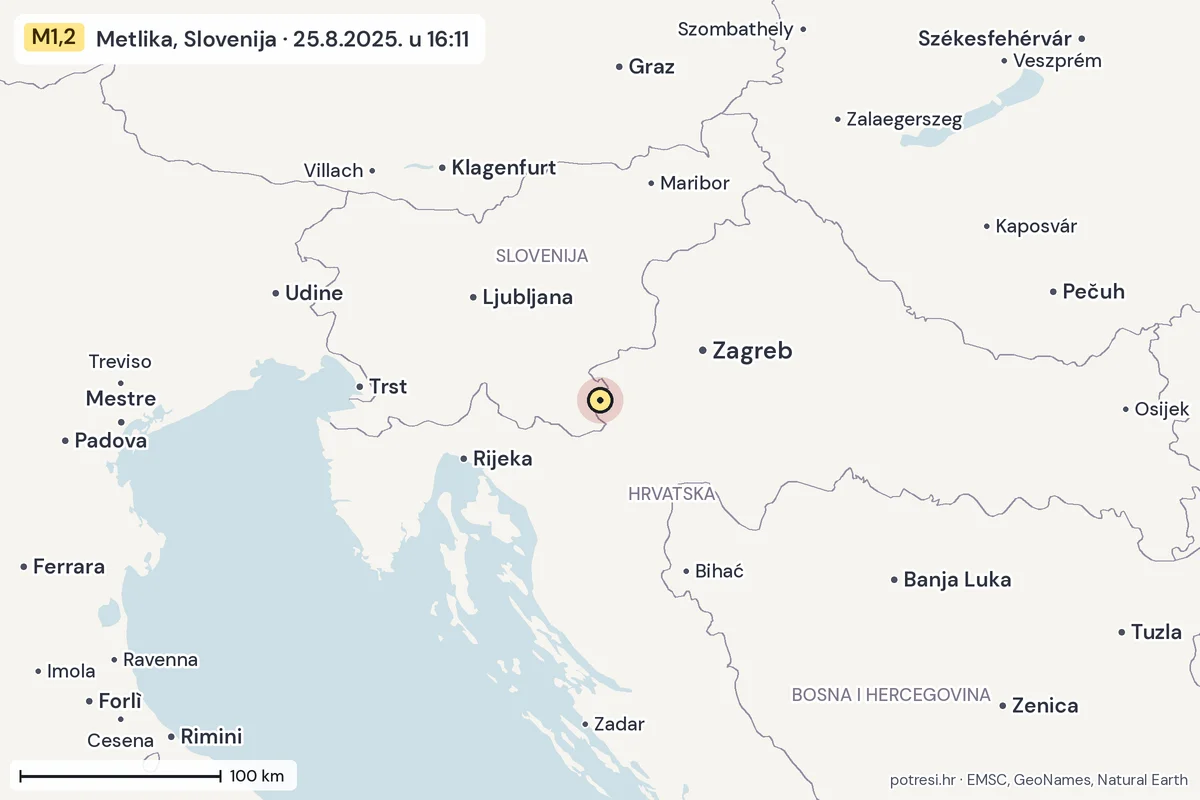 Karta: šire područje, 600 km, potres M1,2, Metlika, Slovenija, 25.8.2025.