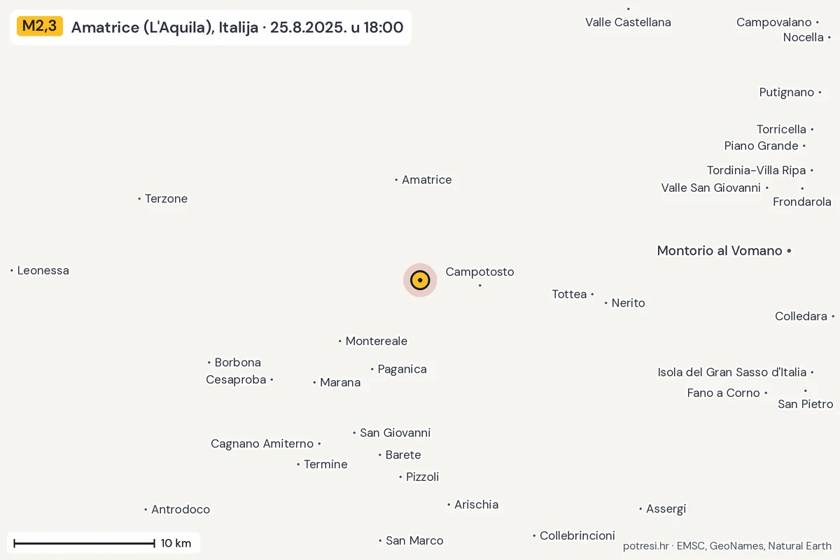 Karta: okolica epicentra, 60 km, potres M2,3, Amatrice (L'Aquila), Italija, 25.8.2025.
