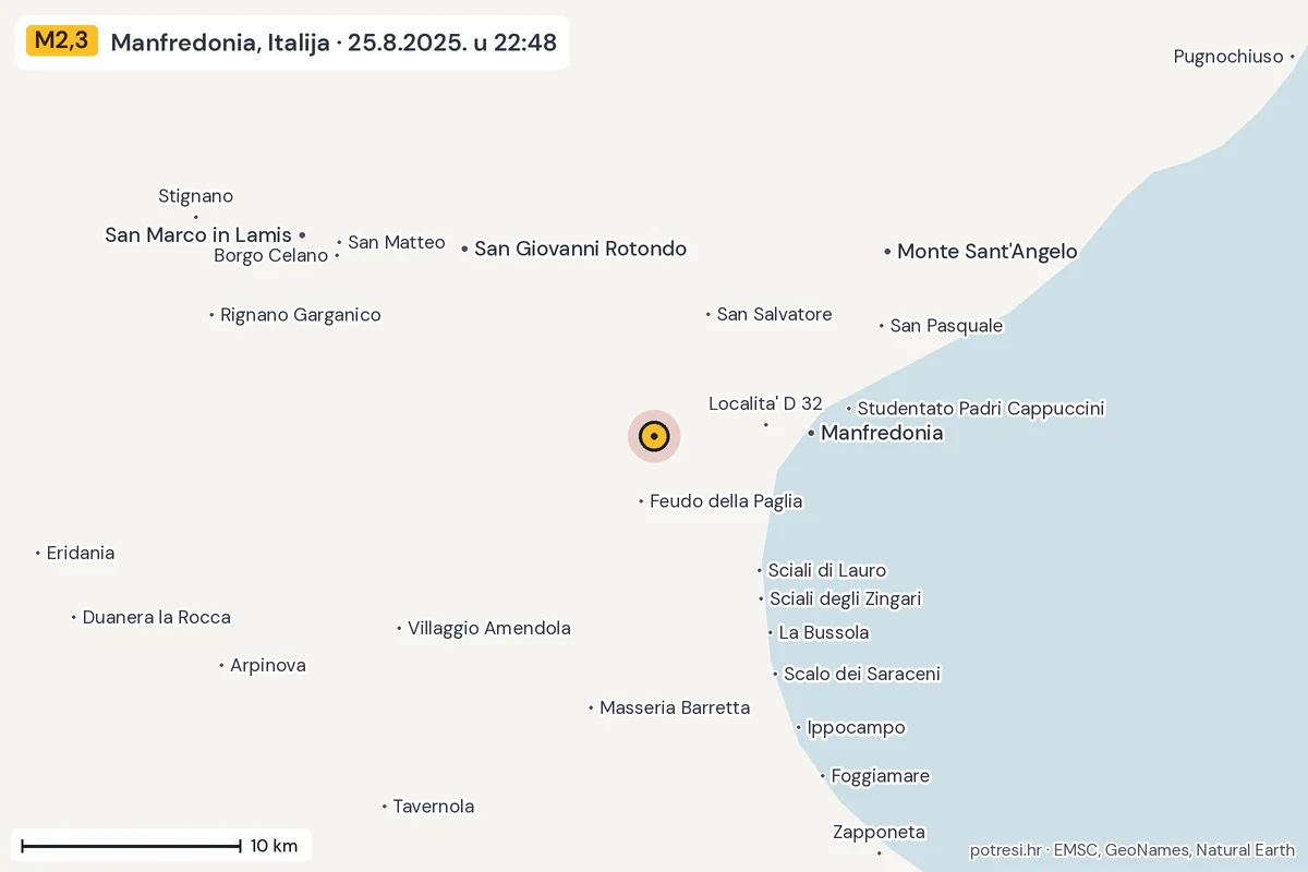 Karta: okolica epicentra, 60 km, potres M2,3, Manfredonia, Italija, 25.8.2025.