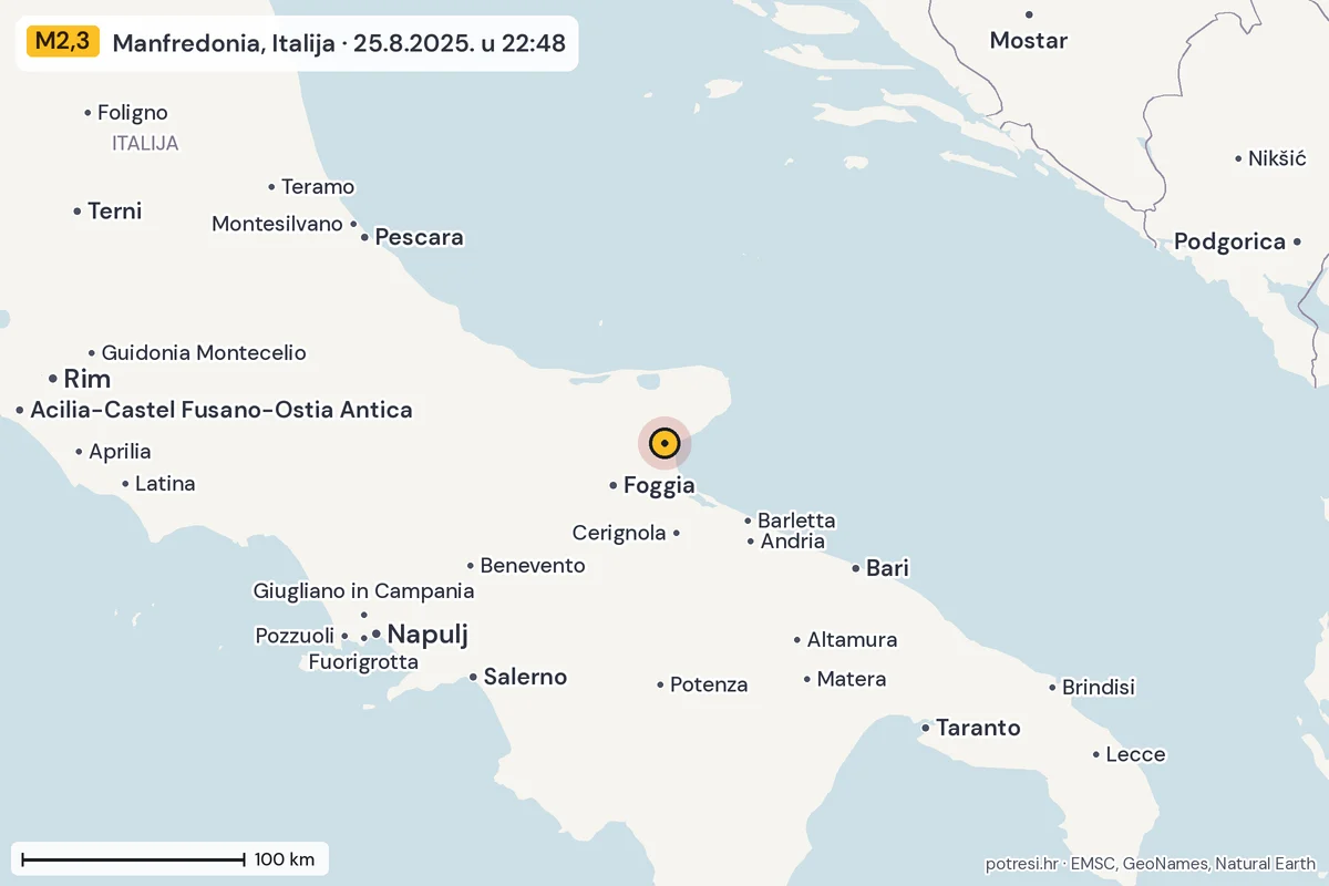 Karta: šire područje, 600 km, potres M2,3, Manfredonia, Italija, 25.8.2025.