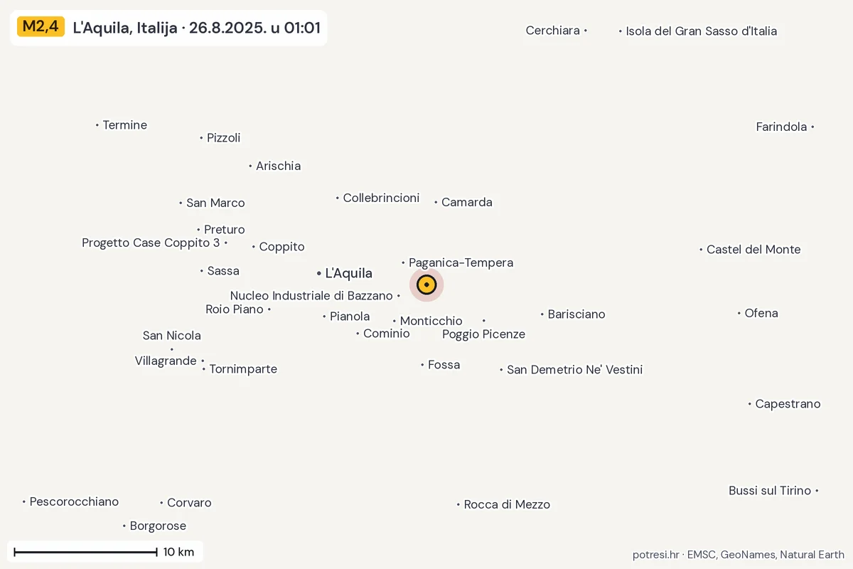 Karta: okolica epicentra, 60 km, potres M2,4, L'Aquila, Italija, 26.8.2025.