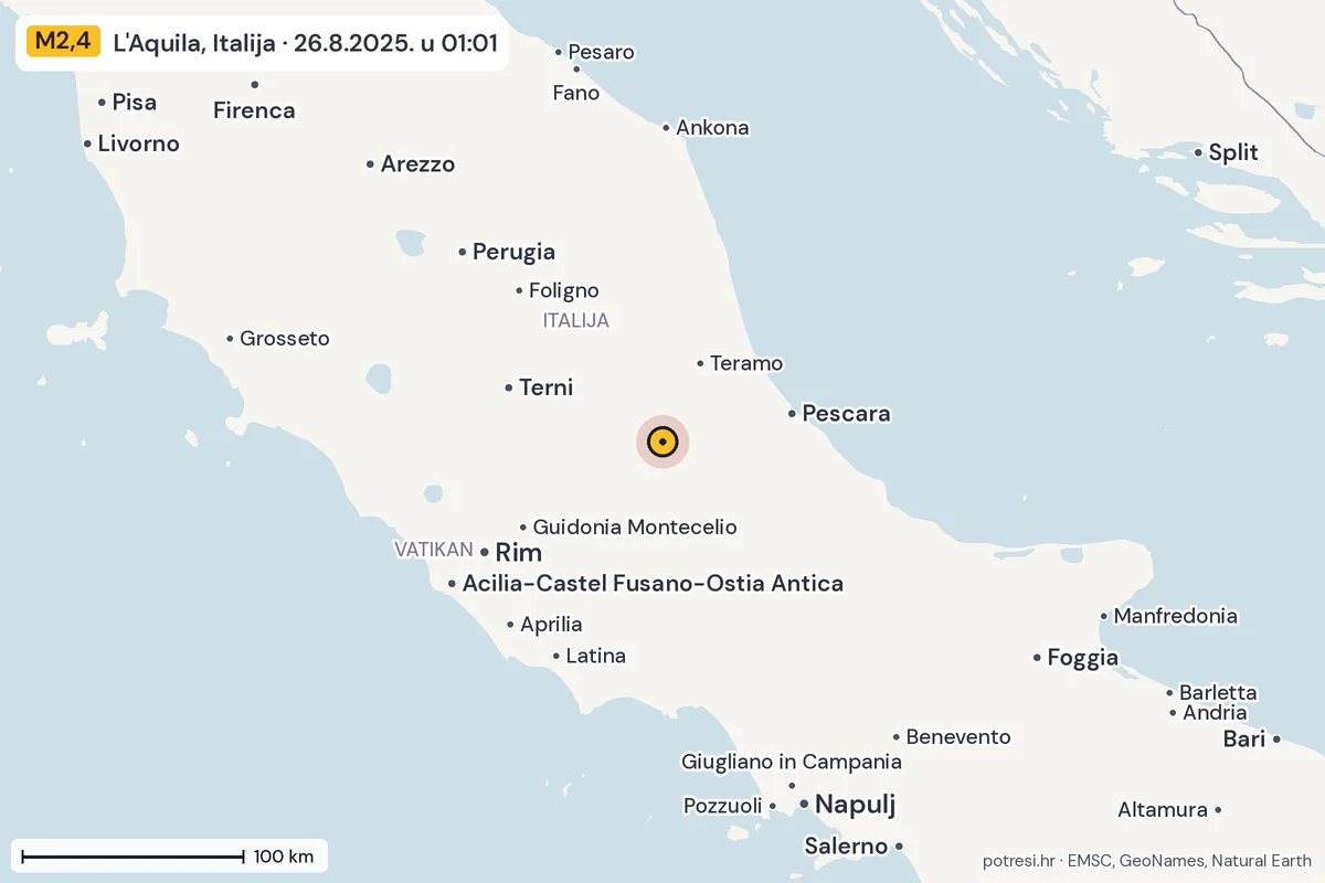 Karta: šire područje, 600 km, potres M2,4, L'Aquila, Italija, 26.8.2025.