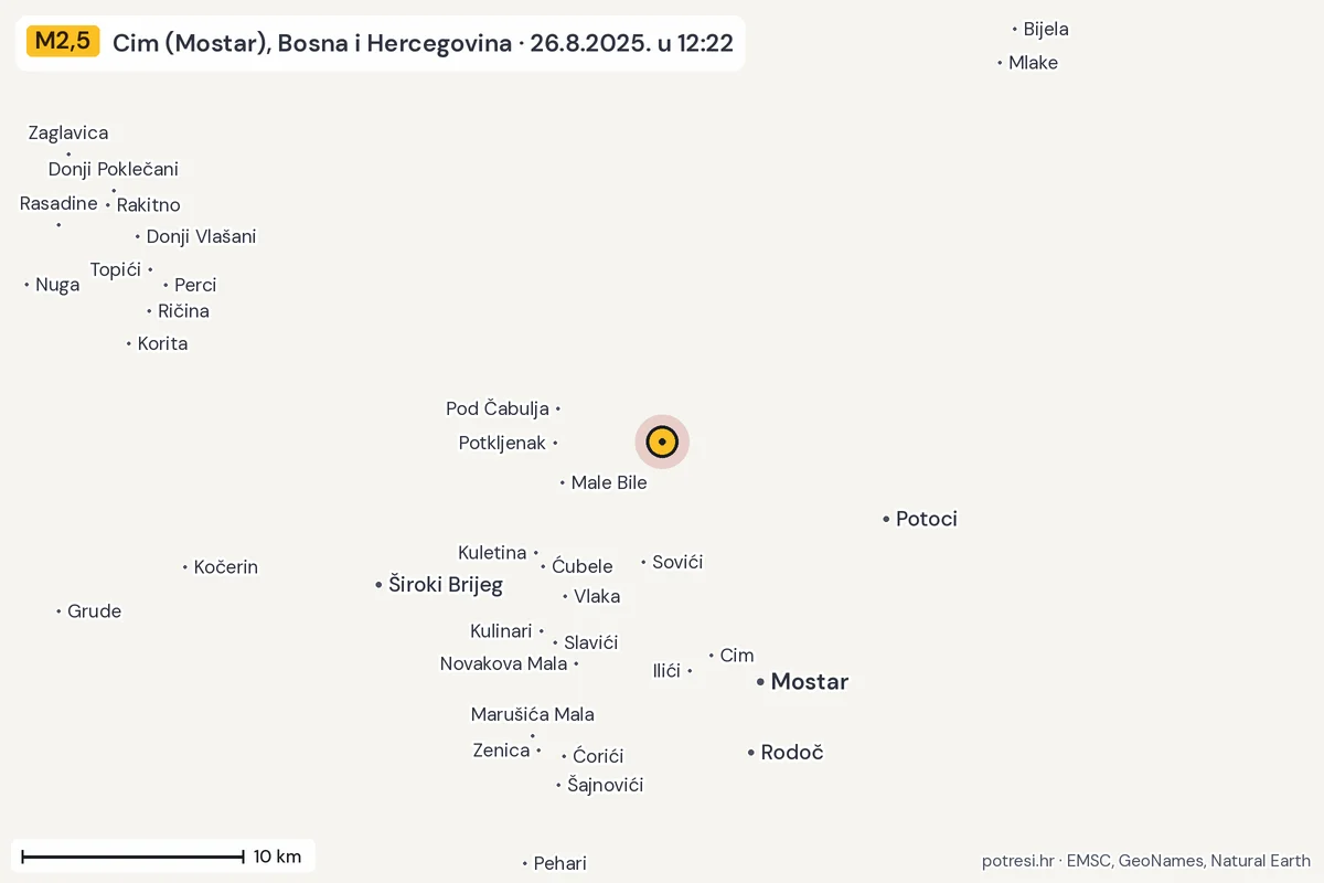 Karta: okolica epicentra, 60 km, potres M2,5, Cim (Mostar), Bosna i Hercegovina, 26.8.2025.