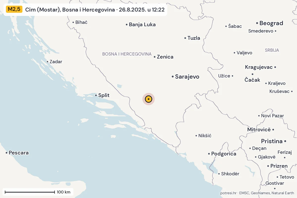 Karta: šire područje, 600 km, potres M2,5, Cim (Mostar), Bosna i Hercegovina, 26.8.2025.