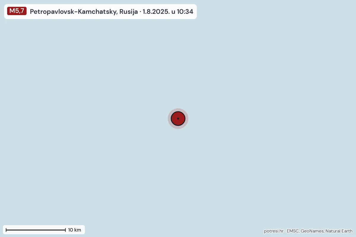 Karta: okolica epicentra, 60 km, potres M5,7, Petropavlovsk-Kamchatsky, Rusija, 1.8.2025.