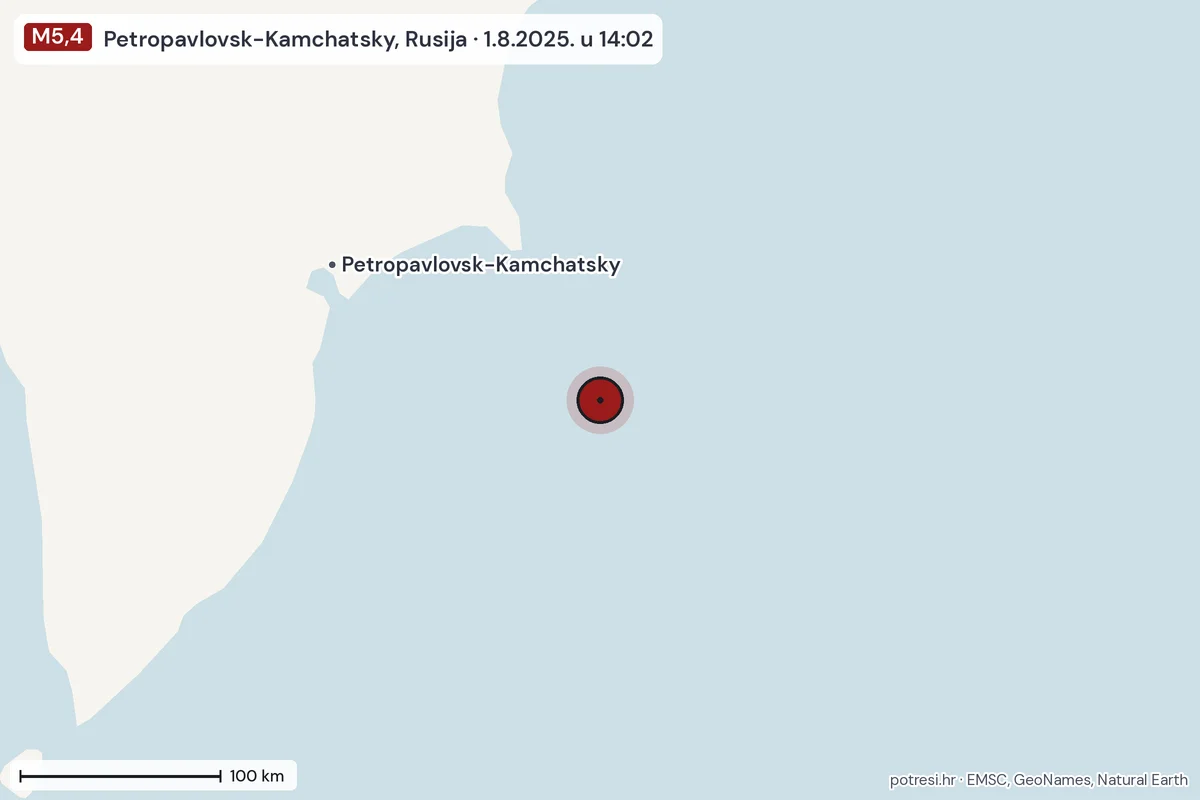 Karta: šire područje, 600 km, potres M5,4, Petropavlovsk-Kamchatsky, Rusija, 1.8.2025.