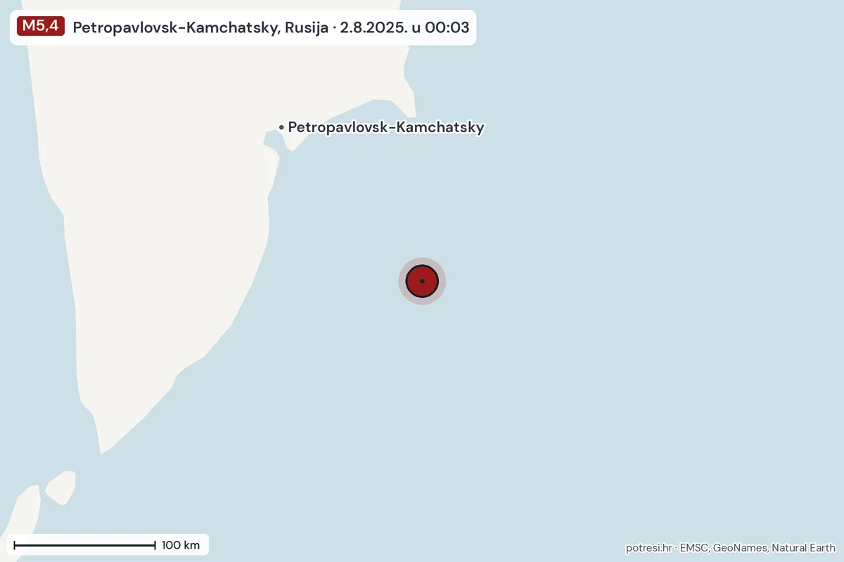 Karta: šire područje, 600 km, potres M5,4, Petropavlovsk-Kamchatsky, Rusija, 2.8.2025.