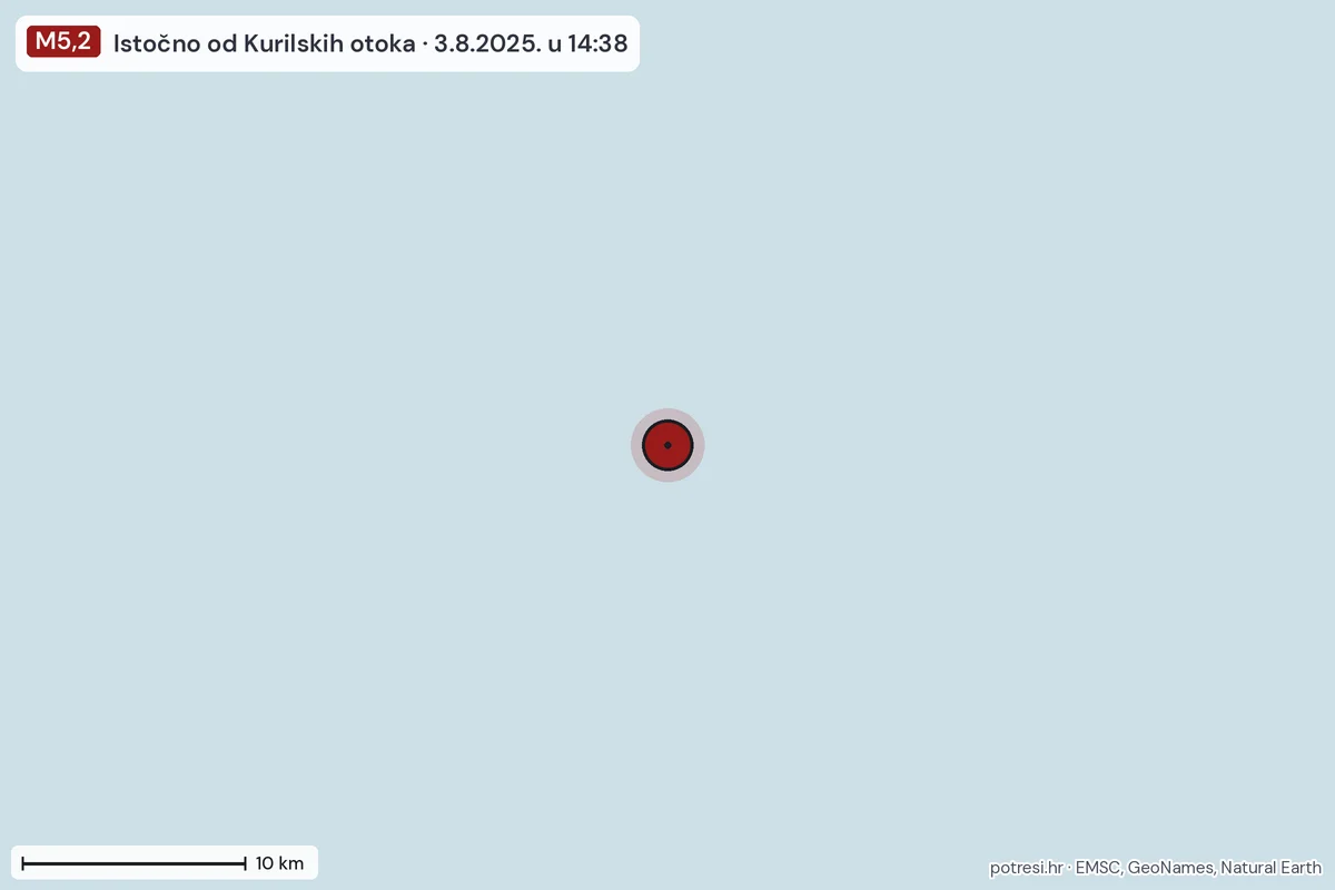 Karta: okolica epicentra, 60 km, potres M5,2, Istočno od Kurilskih otoka, 3.8.2025.