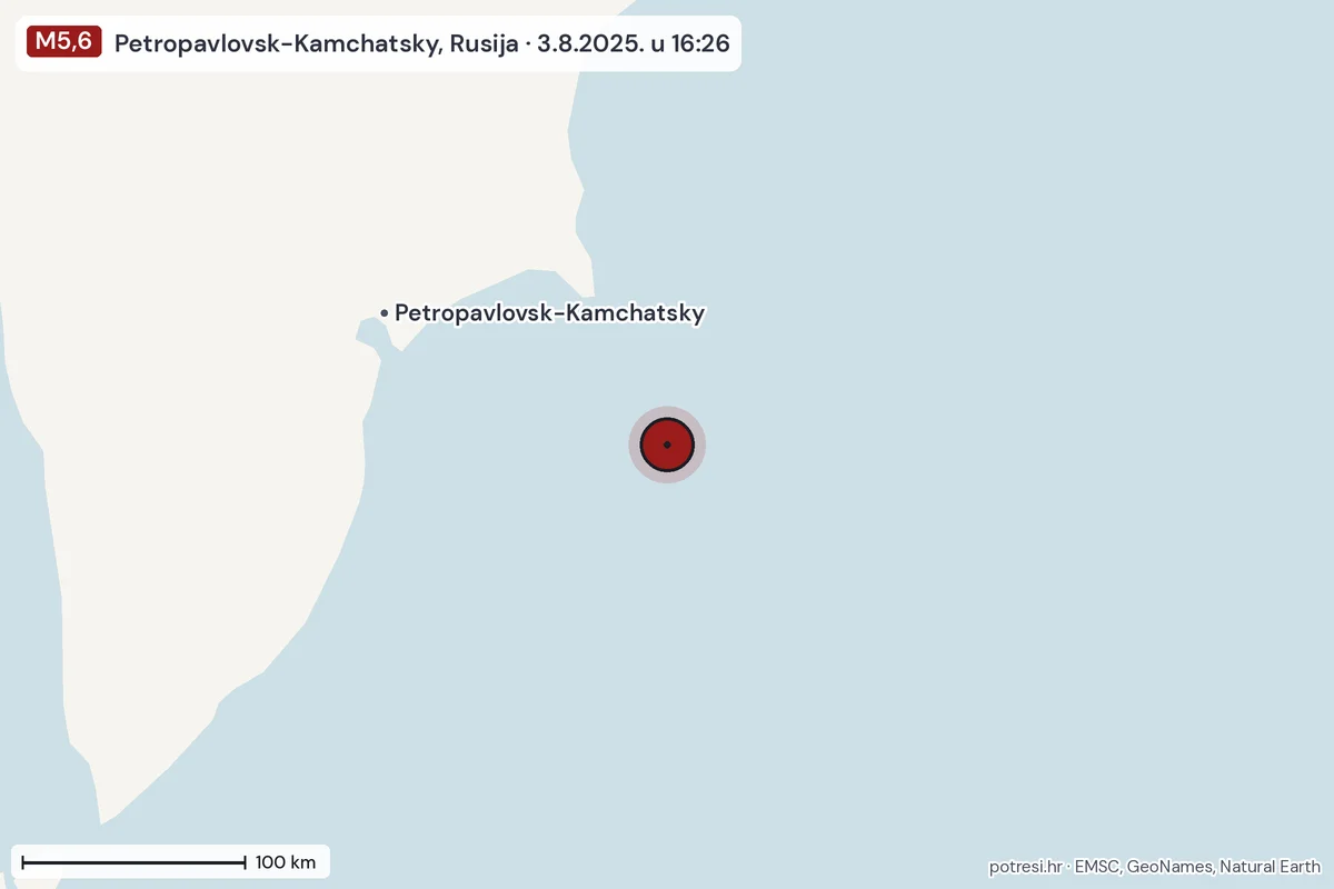 Karta: šire područje, 600 km, potres M5,6, Petropavlovsk-Kamchatsky, Rusija, 3.8.2025.