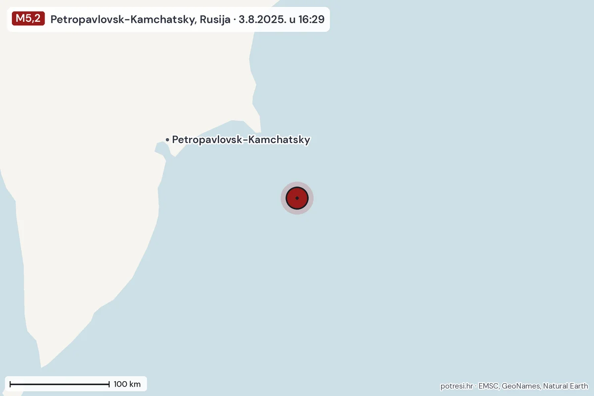 Karta: šire područje, 600 km, potres M5,2, Petropavlovsk-Kamchatsky, Rusija, 3.8.2025.