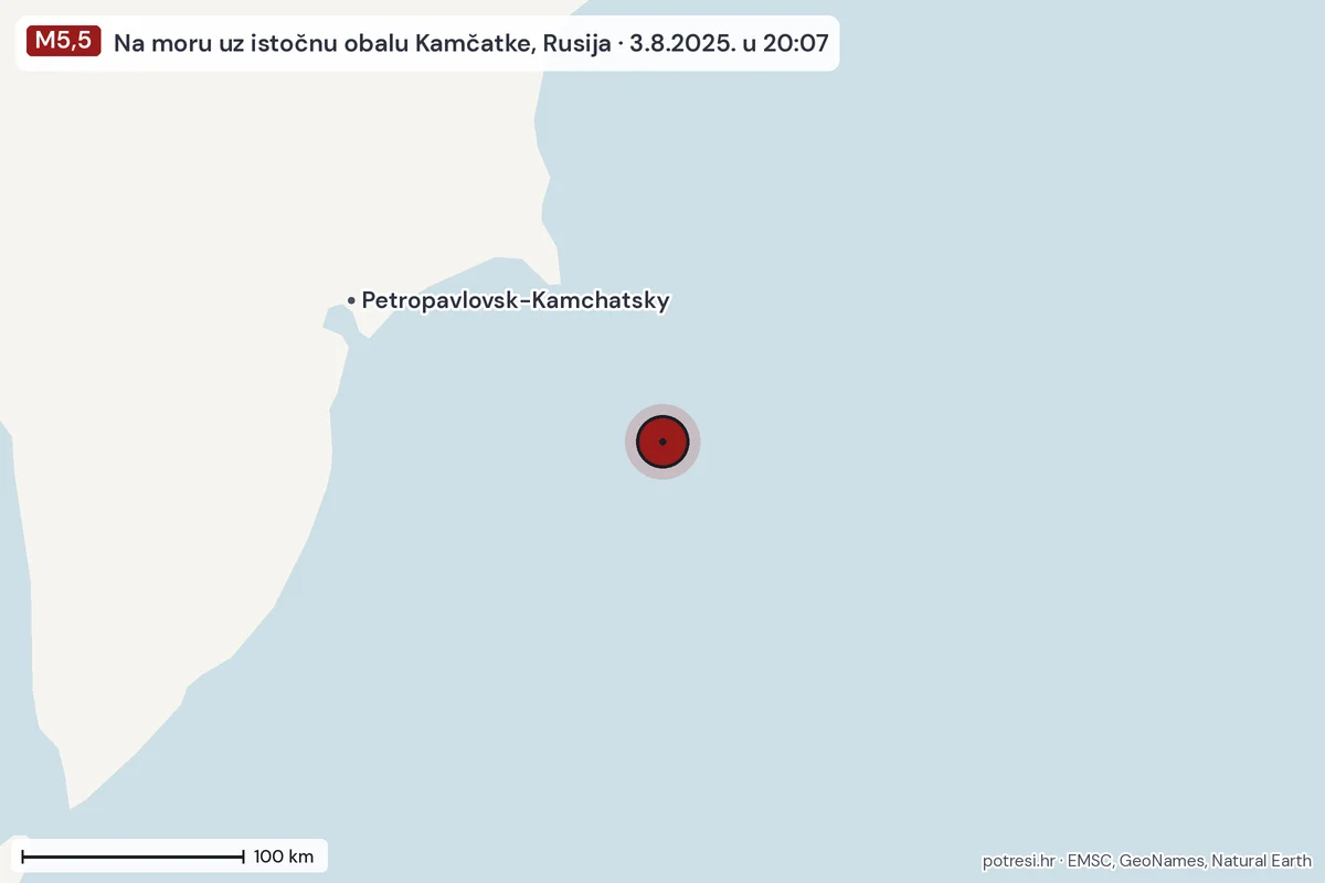 Karta: šire područje, 600 km, potres M5,5, Na moru uz istočnu obalu Kamčatke, Rusija, 3.8.2025.