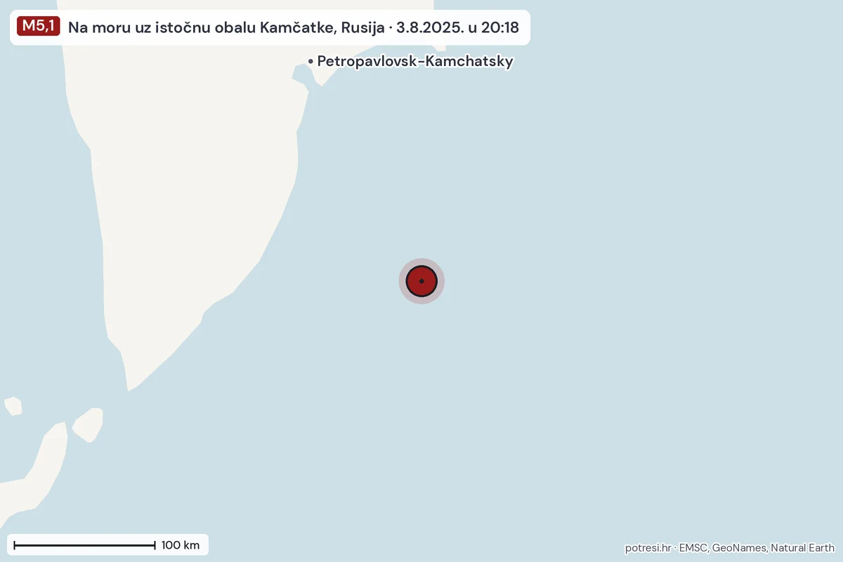 Karta: šire područje, 600 km, potres M5,1, Na moru uz istočnu obalu Kamčatke, Rusija, 3.8.2025.