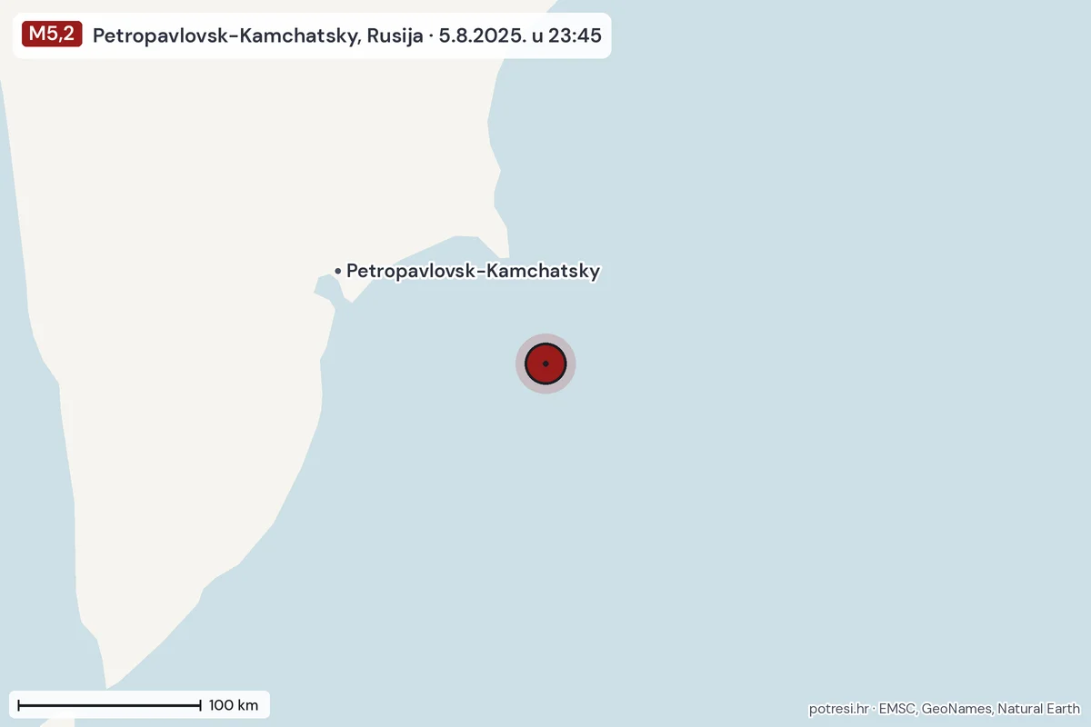 Karta: šire područje, 600 km, potres M5,2, Petropavlovsk-Kamchatsky, Rusija, 5.8.2025.
