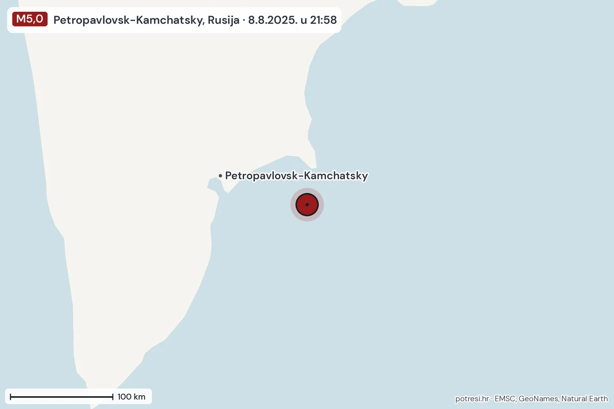 Karta: šire područje, 600 km, potres M5,0, Petropavlovsk-Kamchatsky, Rusija, 8.8.2025.