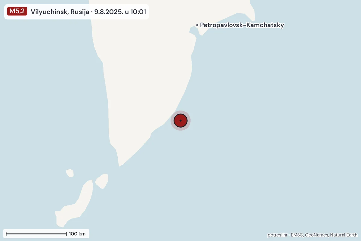 Karta: šire područje, 600 km, potres M5,2, Vilyuchinsk, Rusija, 9.8.2025.