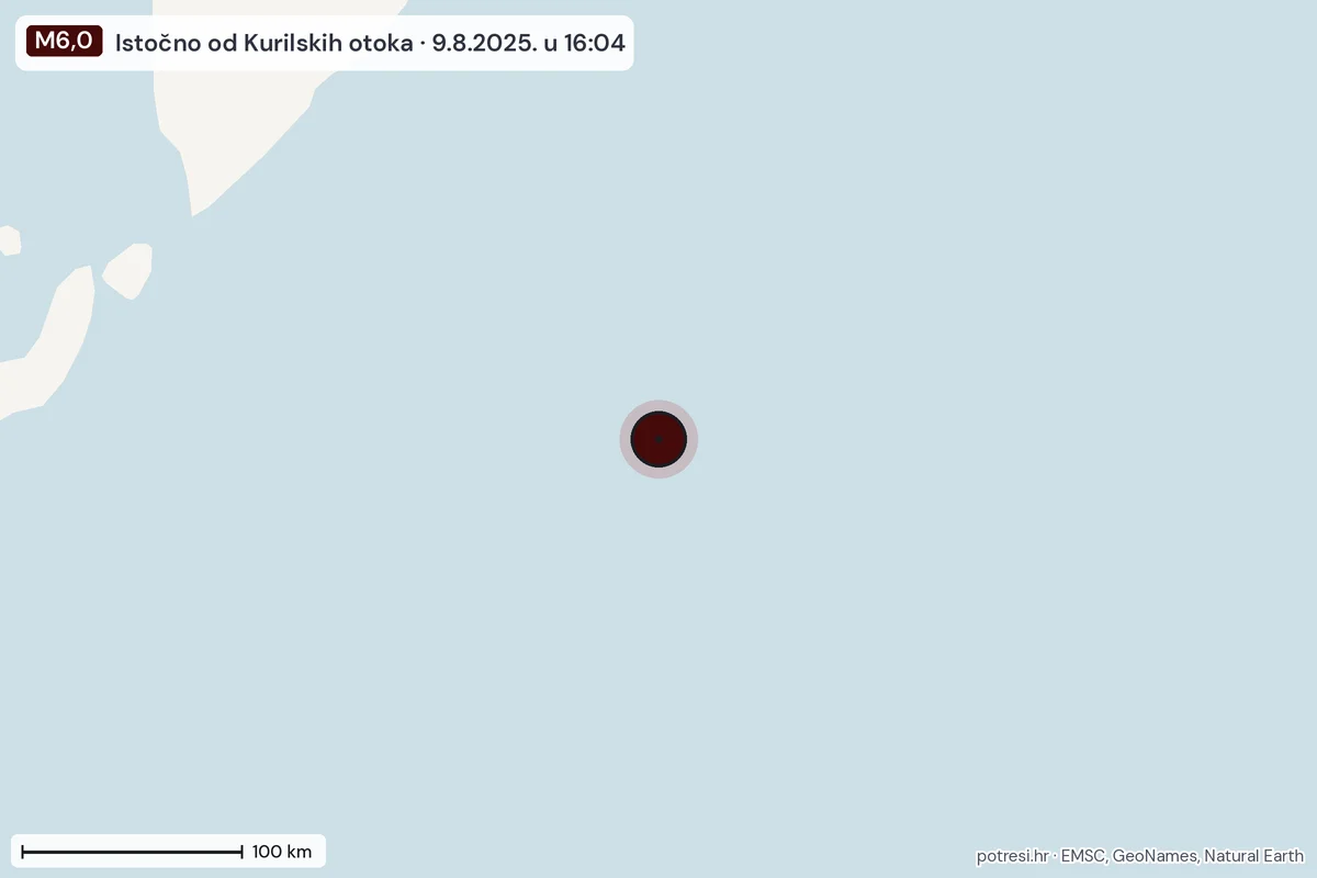 Karta: šire područje, 600 km, potres M6,0, Istočno od Kurilskih otoka, 9.8.2025.