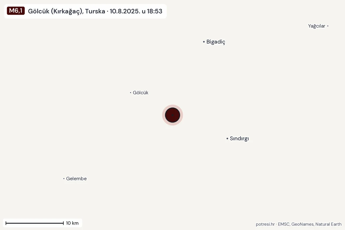 Karta: okolica epicentra, 60 km, potres M6,1, Gölcük (Kırkağaç), Turska, 10.8.2025.