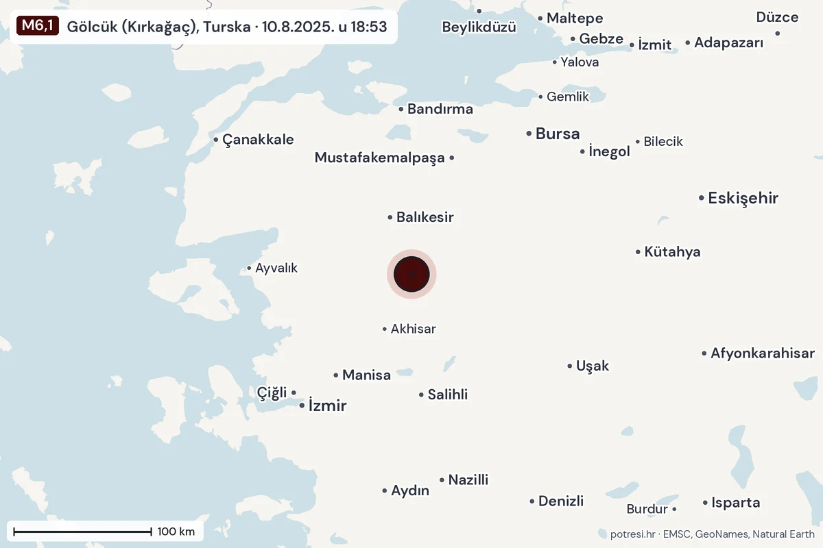 Karta: šire područje, 600 km, potres M6,1, Gölcük (Kırkağaç), Turska, 10.8.2025.