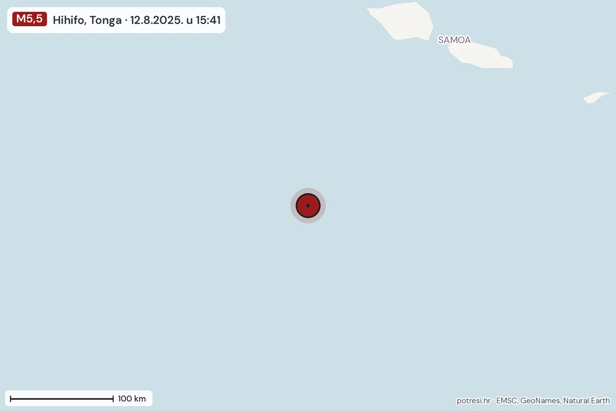 Karta: šire područje, 600 km, potres M5,5, Hihifo, Tonga, 12.8.2025.