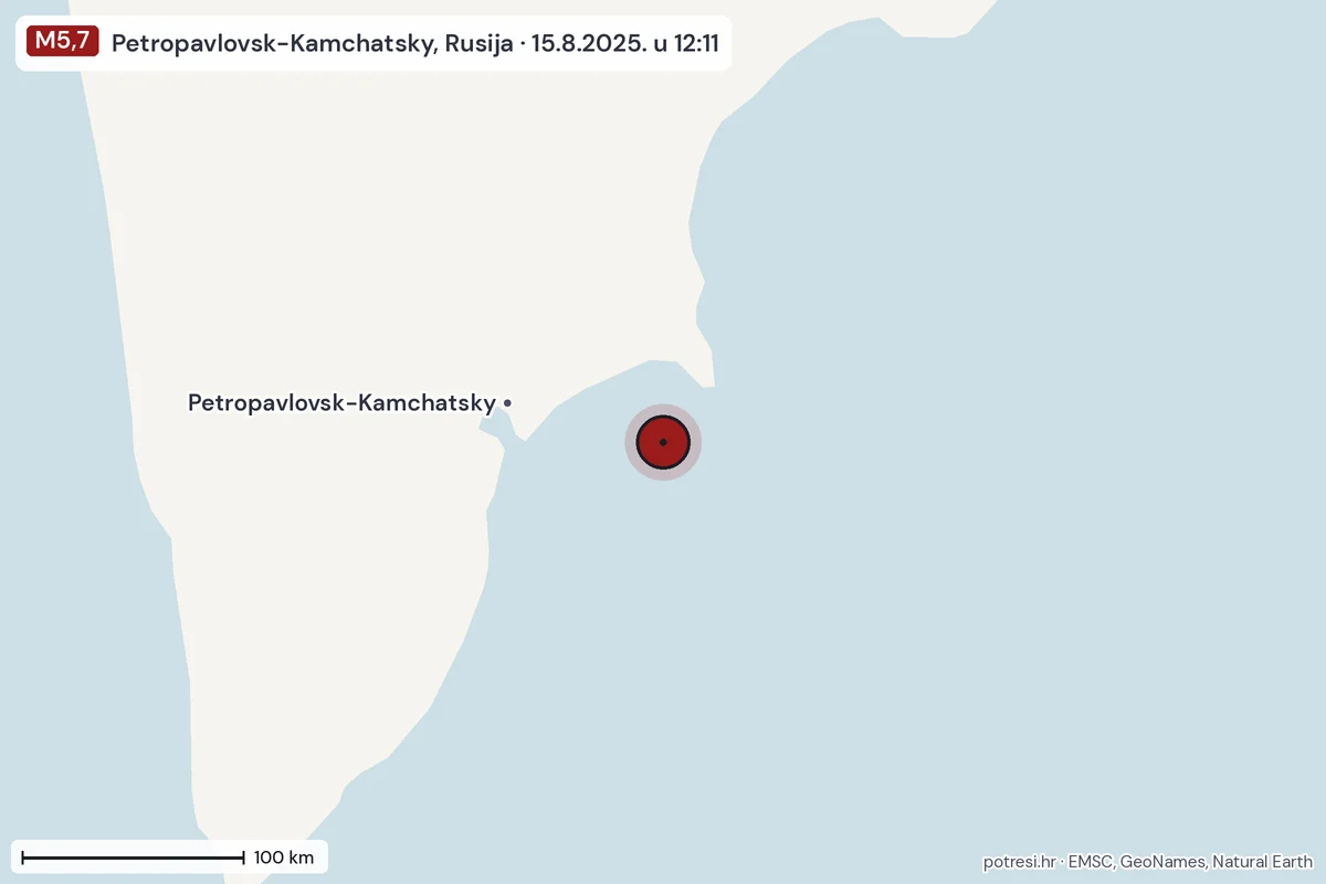 Karta: šire područje, 600 km, potres M5,7, Petropavlovsk-Kamchatsky, Rusija, 15.8.2025.