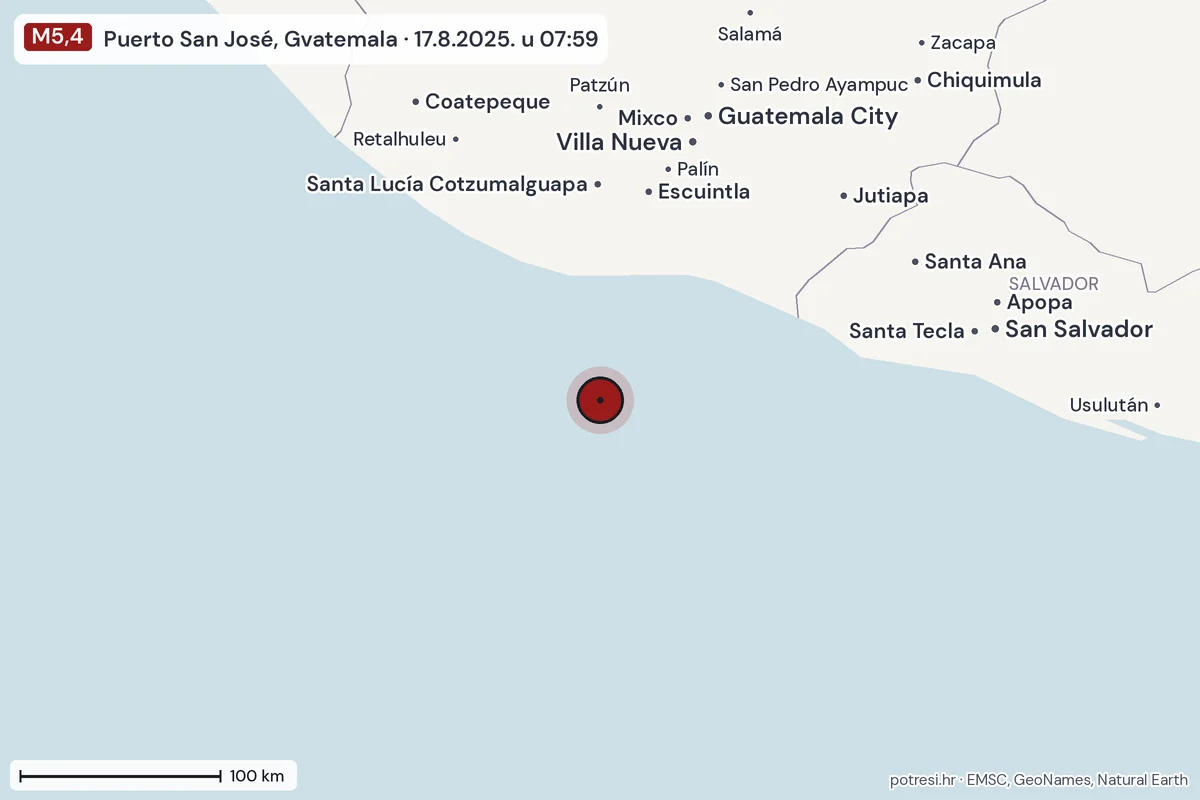 Karta: šire područje, 600 km, potres M5,4, Puerto San José, Gvatemala, 17.8.2025.