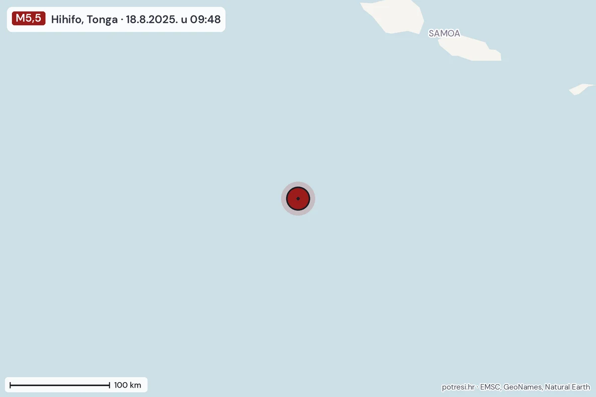 Karta: šire područje, 600 km, potres M5,5, Hihifo, Tonga, 18.8.2025.