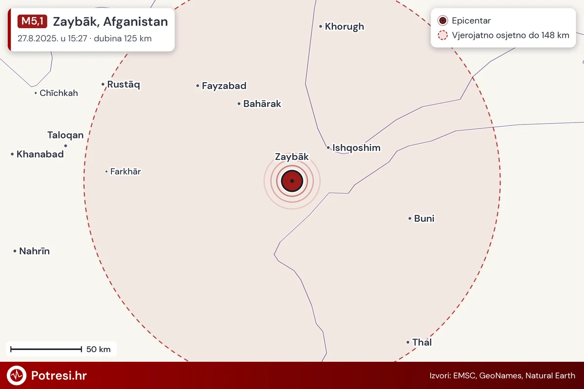 Karta: šire područje i vjerojatni doseg osjeta, potres M5,1, Zaybāk, Afganistan, 27.8.2025.