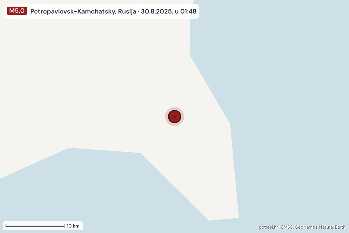 Karta: okolica epicentra, 60 km, potres M5,0, Petropavlovsk-Kamchatsky, Rusija, 30.8.2025.