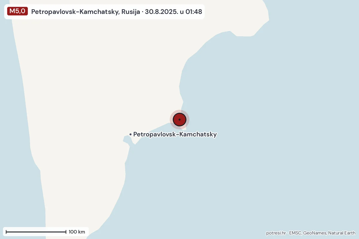 Karta: šire područje, 600 km, potres M5,0, Petropavlovsk-Kamchatsky, Rusija, 30.8.2025.