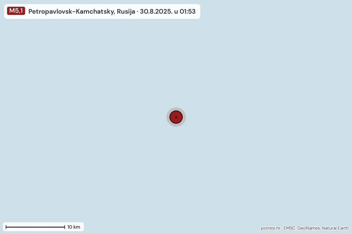 Karta: okolica epicentra, 60 km, potres M5,1, Petropavlovsk-Kamchatsky, Rusija, 30.8.2025.