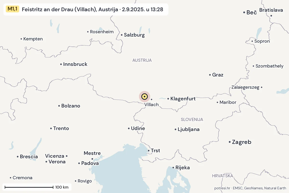 Karta: šire područje, 600 km, potres M1,1, Feistritz an der Drau (Villach), Austrija, 2.9.2025.