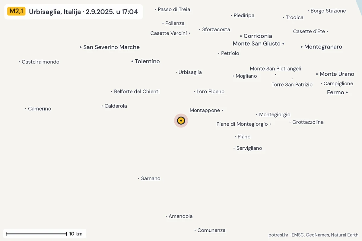 Karta: okolica epicentra, 60 km, potres M2,1, Urbisaglia, Italija, 2.9.2025.
