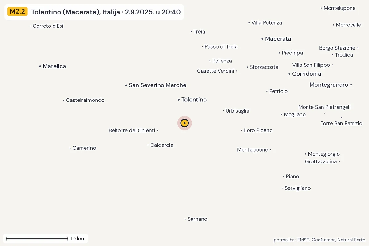 Karta: okolica epicentra, 60 km, potres M2,2, Tolentino (Macerata), Italija, 2.9.2025.