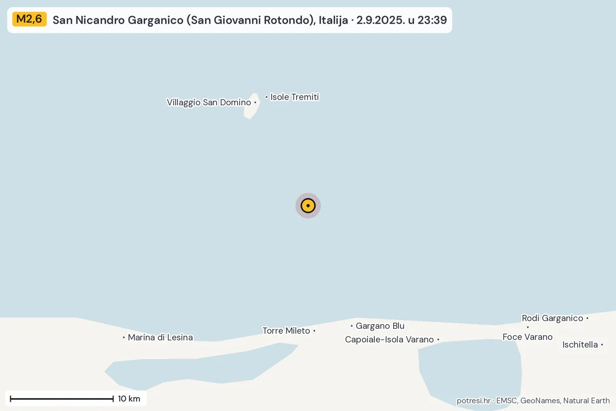 Karta: okolica epicentra, 60 km, potres M2,6, San Nicandro Garganico (San Giovanni Rotondo), Italija, 2.9.2025.