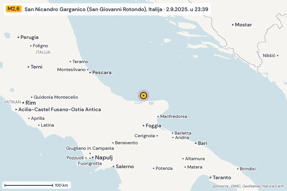 Karta: šire područje, 600 km, potres M2,6, San Nicandro Garganico (San Giovanni Rotondo), Italija, 2.9.2025.
